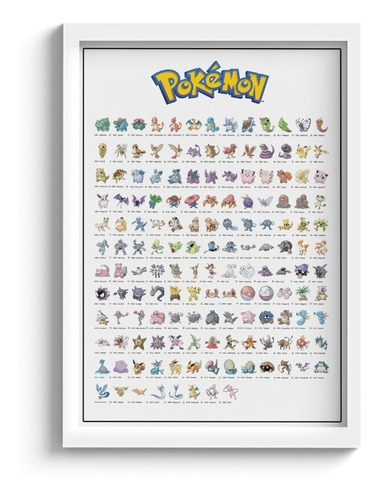 Quadro Todos Pokemon Da 1º Geração Com Moldura E Vidro A3